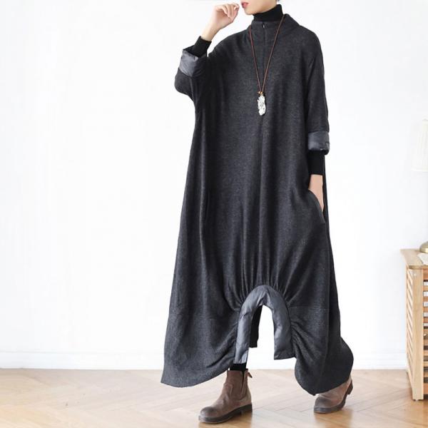 Stand Collar Puffer Large Dress Dark Gray Knitting Dress