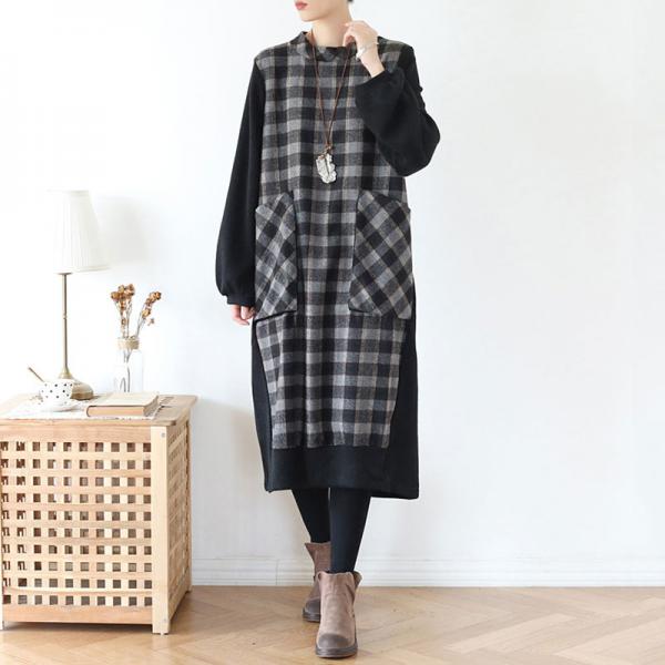 British Style Checker Dress Long Sleeve Black Sweater Dress