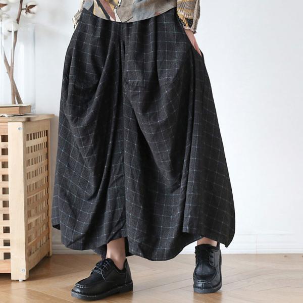 Loose Linen Wide Leg Pants Elastic Waist Plaids Asymmetrical Trousers