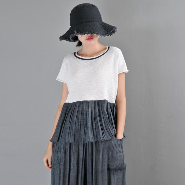 White and Gray Summer Tee Casaul Plus Size Pleated T-shirt