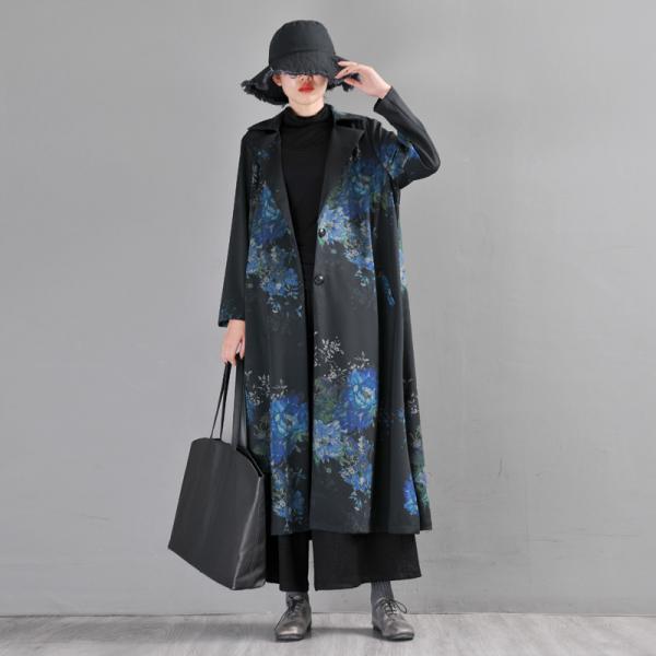 Flowers Printed Tailored Collar Coat Large Long H-Shaped Coat