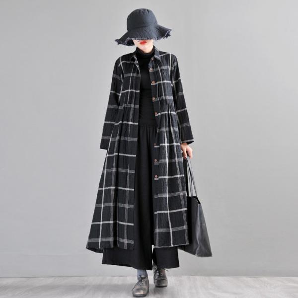 Long Sleeve Big Plaid Dress Linen Wrap Shirt Dress