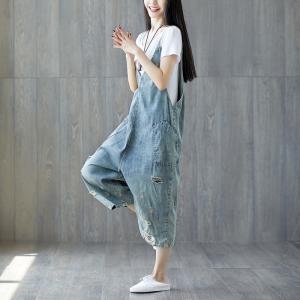 Deep-V Wide Leg Distressed Jeans Jumpsuits Fashion Slip Jumpsuits