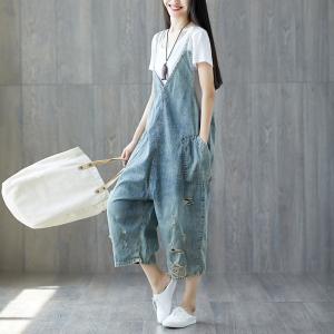 Deep-V Wide Leg Distressed Jeans Jumpsuits Fashion Slip Jumpsuits