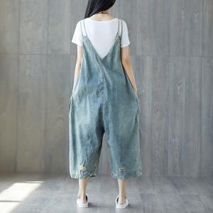 Deep-V Wide Leg Distressed Jeans Jumpsuits Fashion Slip Jumpsuits