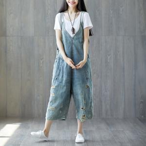 Deep-V Wide Leg Distressed Jeans Jumpsuits Fashion Slip Jumpsuits