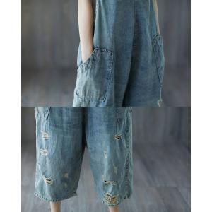 Deep-V Wide Leg Distressed Jeans Jumpsuits Fashion Slip Jumpsuits