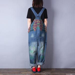 Retro Printed Jeans Jumpsuits Womans Baggy Denim Jumpsuits