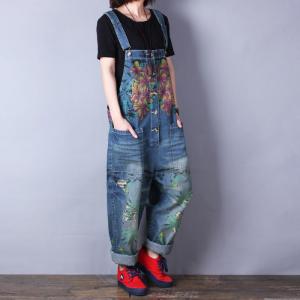 Retro Printed Jeans Jumpsuits Womans Baggy Denim Jumpsuits