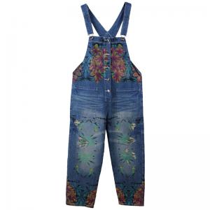 Retro Printed Jeans Jumpsuits Womans Baggy Denim Jumpsuits