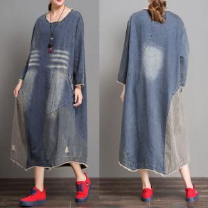 Korean Style Patchwork Denim Dress Designer Ripped Dress