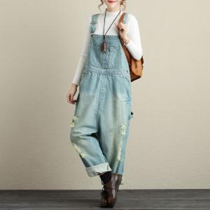 Deep-V Wide Leg Distressed Jeans Jumpsuits Fashion Slip Jumpsuits in Denim  Blue One Size 