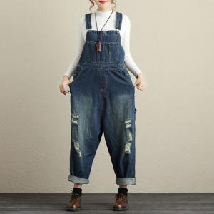 Korean Fashion Baggy Denim Jumpsuits Distressed Boyfriend Dungarees