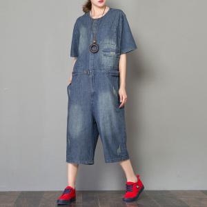 Korean Fashion Button Down Rompers Denim Baggy Dungarees for Woman