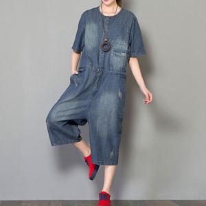 Korean Fashion Button Down Rompers Denim Baggy Dungarees for Woman