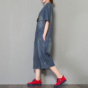 Korean Fashion Button Down Rompers Denim Baggy Dungarees for Woman