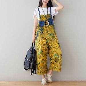 Blue Pockets Vintage Printed Baggy Overalls Floral Jean Dungarees