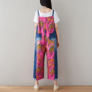 Blue Pockets Vintage Printed Baggy Overalls Floral Jean Dungarees