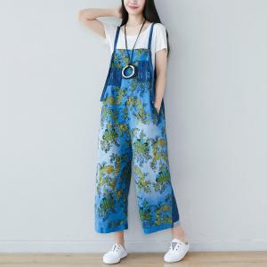 Blue Pockets Vintage Printed Baggy Overalls Floral Jean Dungarees