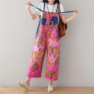 Blue Pockets Vintage Printed Baggy Overalls Floral Jean Dungarees