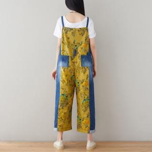 Blue Pockets Vintage Printed Baggy Overalls Floral Jean Dungarees