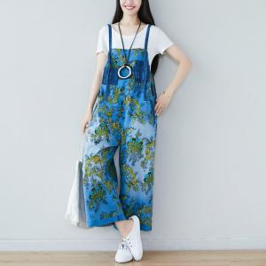 Blue Pockets Vintage Printed Baggy Overalls Floral Jean Dungarees