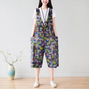 Plunging Neck Sleeveless Daisy Dungarees Cotton Wide Leg Fringed Overalls
