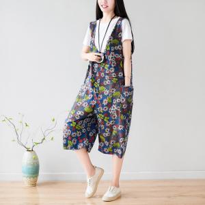 Plunging Neck Sleeveless Daisy Dungarees Cotton Wide Leg Fringed Overalls