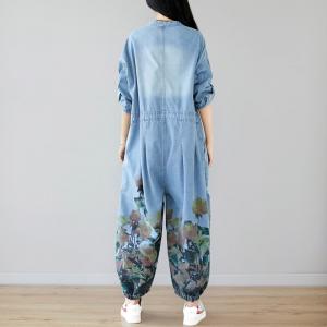 Long Sleeve Printed Denim Jumpsuits Korean Drawstring Plus Size One Piece