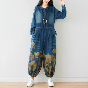 Long Sleeve Printed Denim Jumpsuits Korean Drawstring Plus Size One Piece