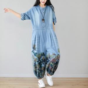 Long Sleeve Printed Denim Jumpsuits Korean Drawstring Plus Size One Piece