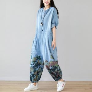 Long Sleeve Printed Denim Jumpsuits Korean Drawstring Plus Size One Piece