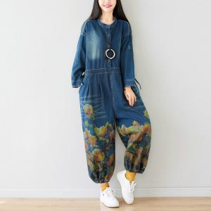 Long Sleeve Printed Denim Jumpsuits Korean Drawstring Plus Size One Piece