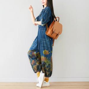Long Sleeve Printed Denim Jumpsuits Korean Drawstring Plus Size One Piece
