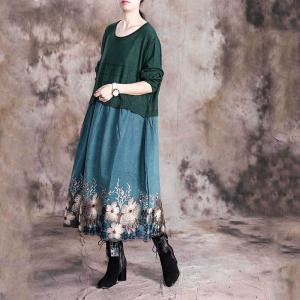 Solid Color Flowers Embroidered Dress Long Sleeve Knitting Dress