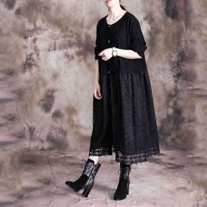 Long Sleeve Crochet Eyelet Dress Single-Breasted Black Knitwear