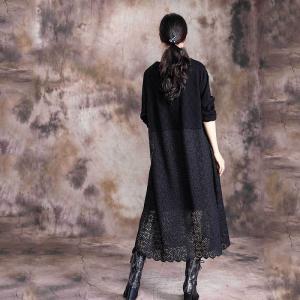 Long Sleeve Crochet Eyelet Dress Single-Breasted Black Knitwear