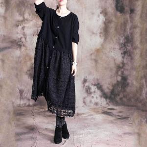Long Sleeve Crochet Eyelet Dress Single-Breasted Black Knitwear