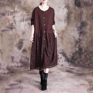 Long Sleeve Crochet Eyelet Dress Single-Breasted Black Knitwear