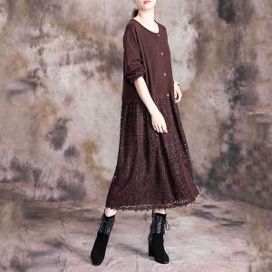 Long Sleeve Crochet Eyelet Dress Single-Breasted Black Knitwear