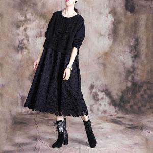 Loose-Fitting Crochet Lace Dress Long Sleeve Knee-Length Dress