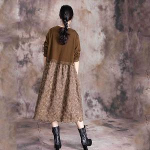 Loose-Fitting Crochet Lace Dress Long Sleeve Knee-Length Dress