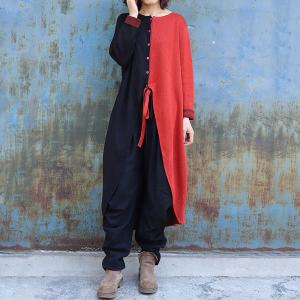 Red and Black Asymmetrical Long Tunic Cotton Linen Knitting Knee-Length Dress