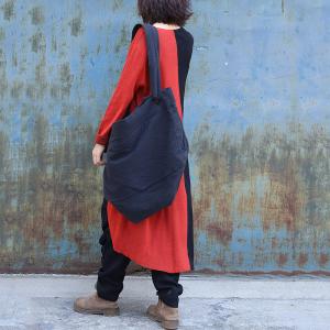 Red and Black Asymmetrical Long Tunic Cotton Linen Knitting Knee-Length Dress