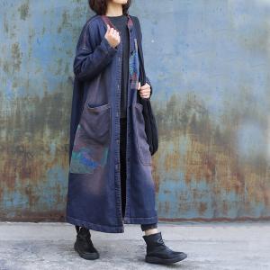 Big Pockets Printed Patchwork Denim Coat Long Sleeve Fleece Long Coat