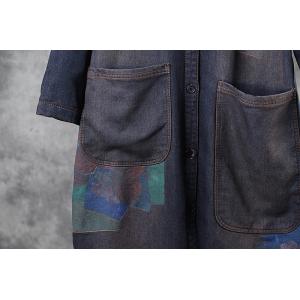 Big Pockets Printed Patchwork Denim Coat Long Sleeve Fleece Long Coat