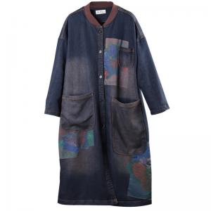 Big Pockets Printed Patchwork Denim Coat Long Sleeve Fleece Long Coat