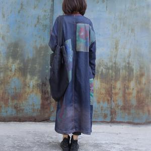 Big Pockets Printed Patchwork Denim Coat Long Sleeve Fleece Long Coat