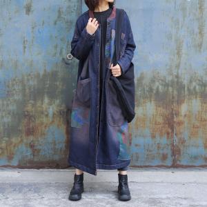 Big Pockets Printed Patchwork Denim Coat Long Sleeve Fleece Long Coat