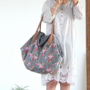 Japanese Style Floral Tote Cotton Linen Big Bag for Woman in Gray ...